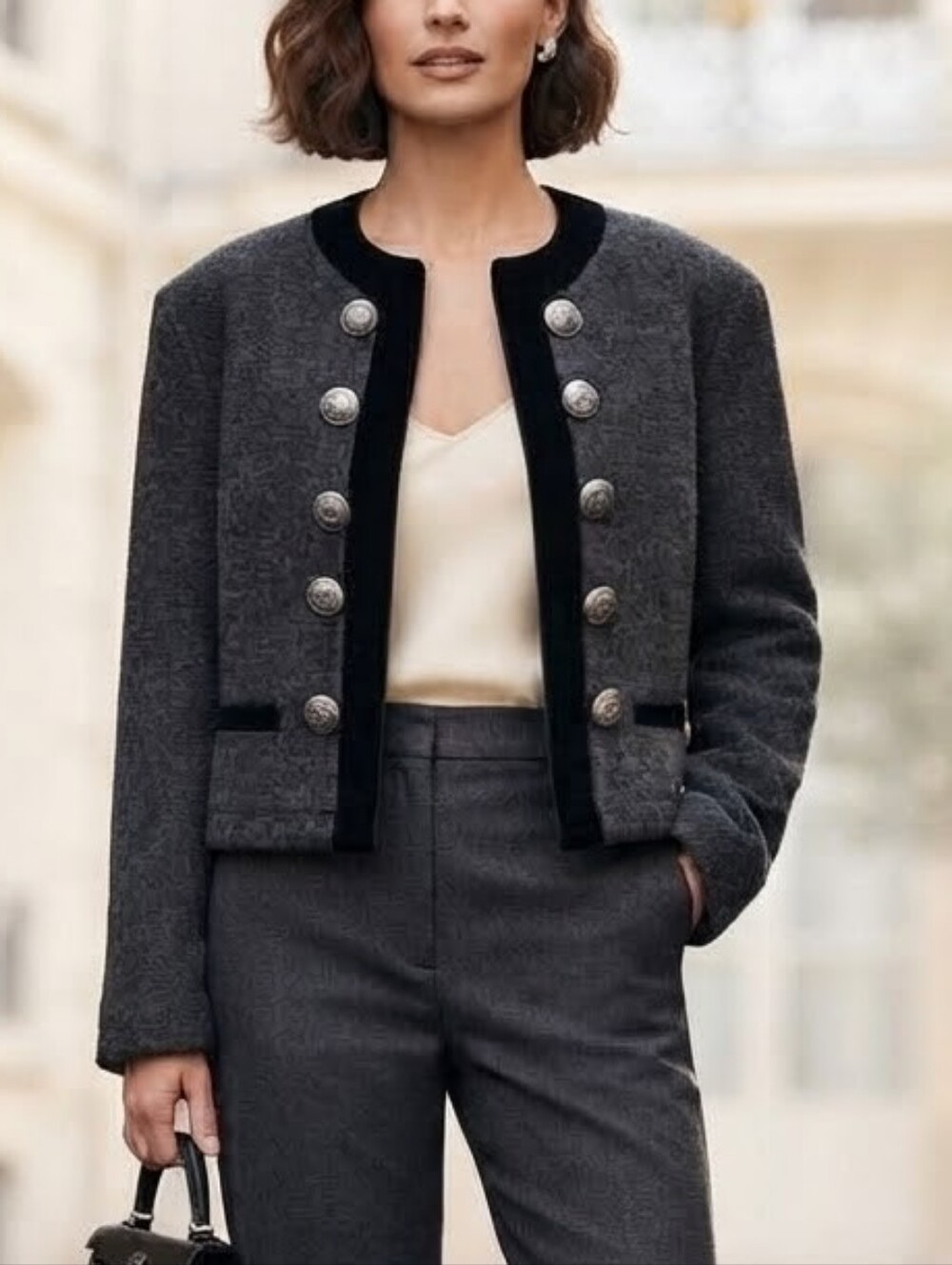 United Colors of Benetton Vintage Wool Military Jacket Gray Cropped Sz S /IT 42